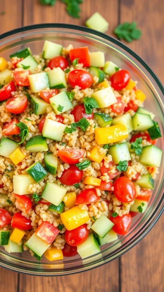 A colorful quinoa salad with cucumbers, tomatoes, bell peppers, and parsley in a glass bowl on a wooden table.